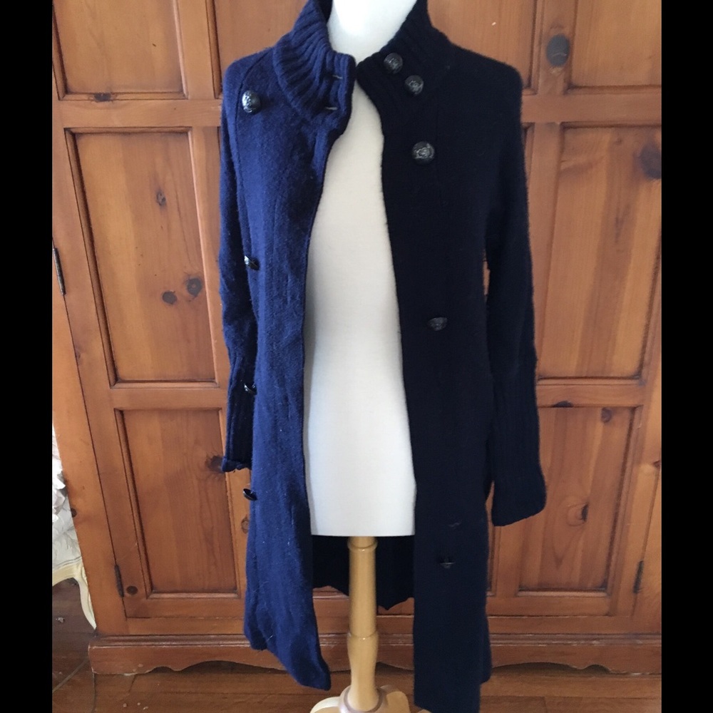 VINCE blue alpaca cashmere high neck long cardigan